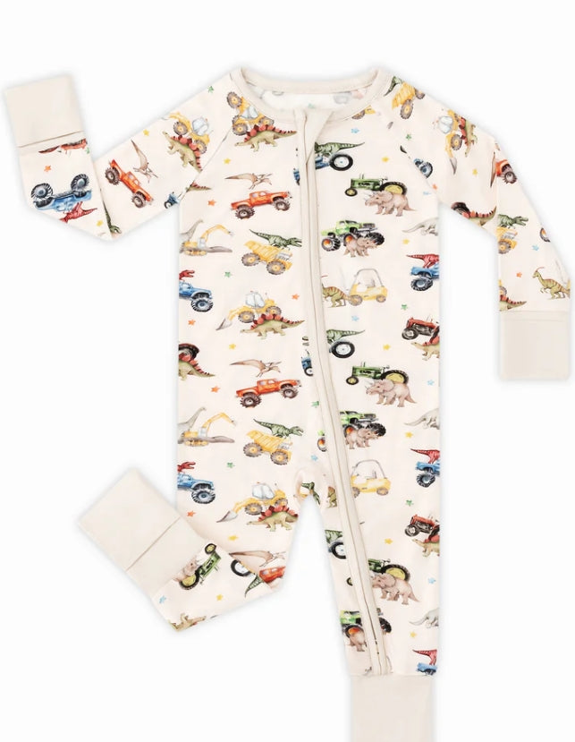 Long Sleeve Zippy Sleeper - Dino Trucks