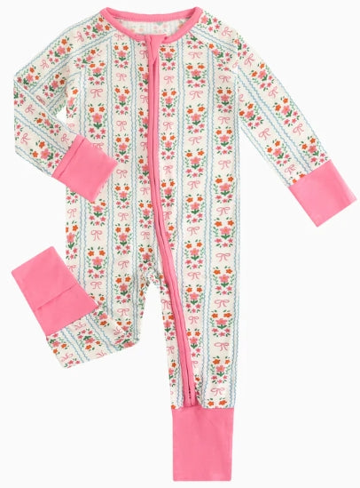 Long Sleeve Zippy Sleeper - Striped Flowers